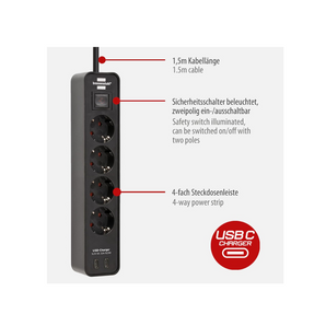 Brennenstuhl 4-Outlet Power Strip 3500W with 2-USB 2M
